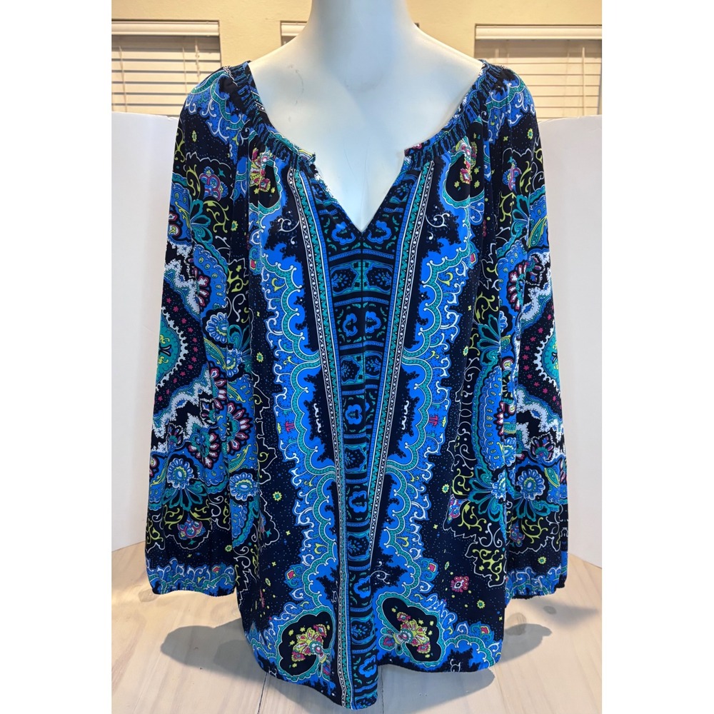 Lane Bryant Womens 18/20 Blue Paisley Boho V-Neck Long Sleeve Peasant Blouse Top
